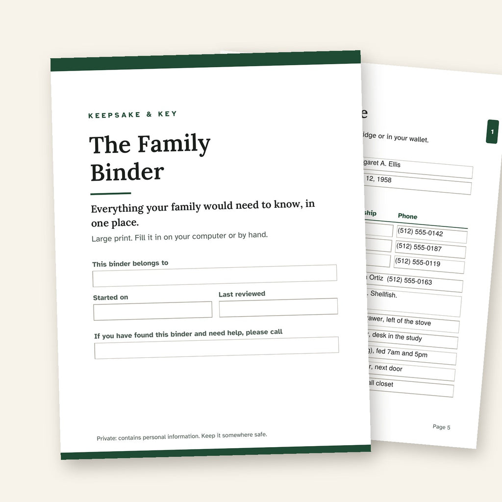 The Family Binder cover with a filled-in Emergency Page behind it