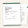 The Family Binder cover with a filled-in Emergency Page behind it