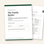 The Family Binder cover with a filled-in Emergency Page behind it