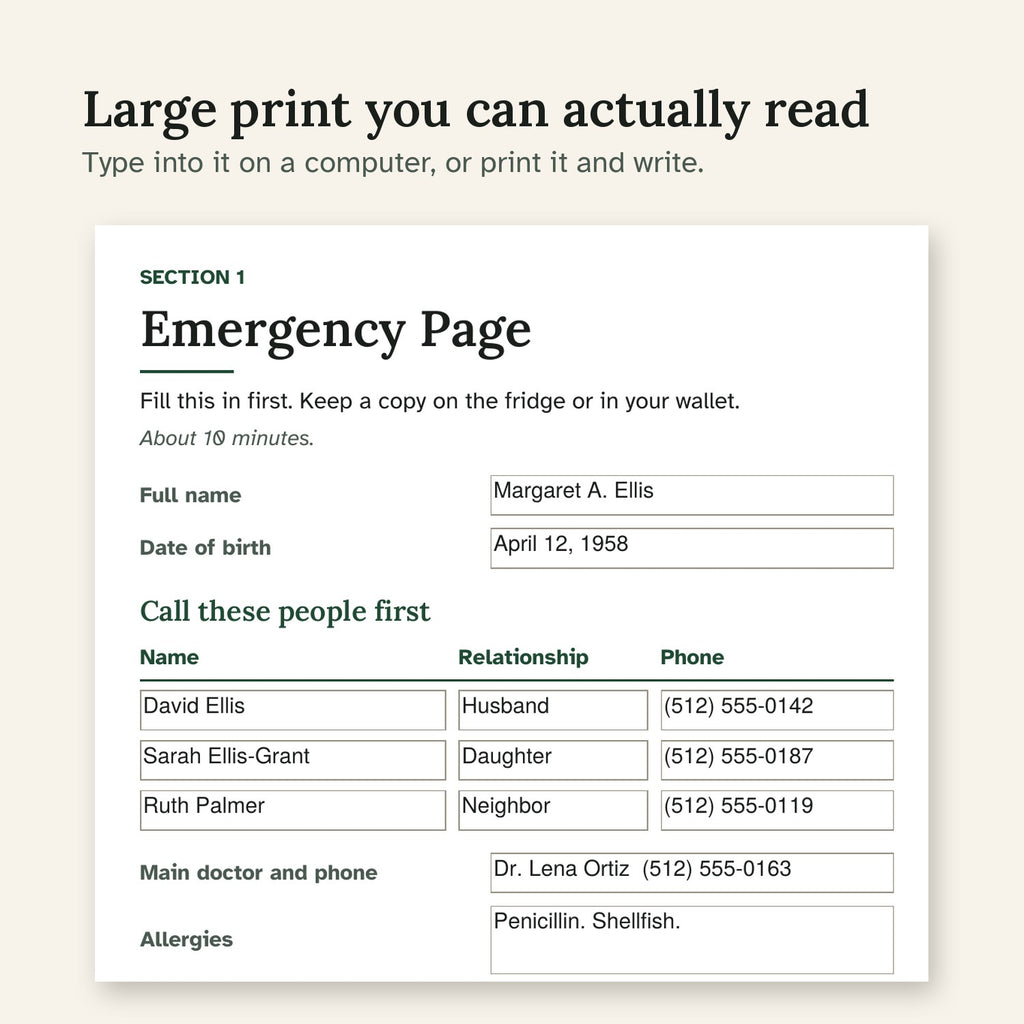 Close-up of the large-print Emergency Page filled in with sample details