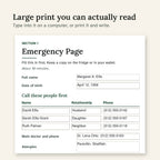Close-up of the large-print Emergency Page filled in with sample details