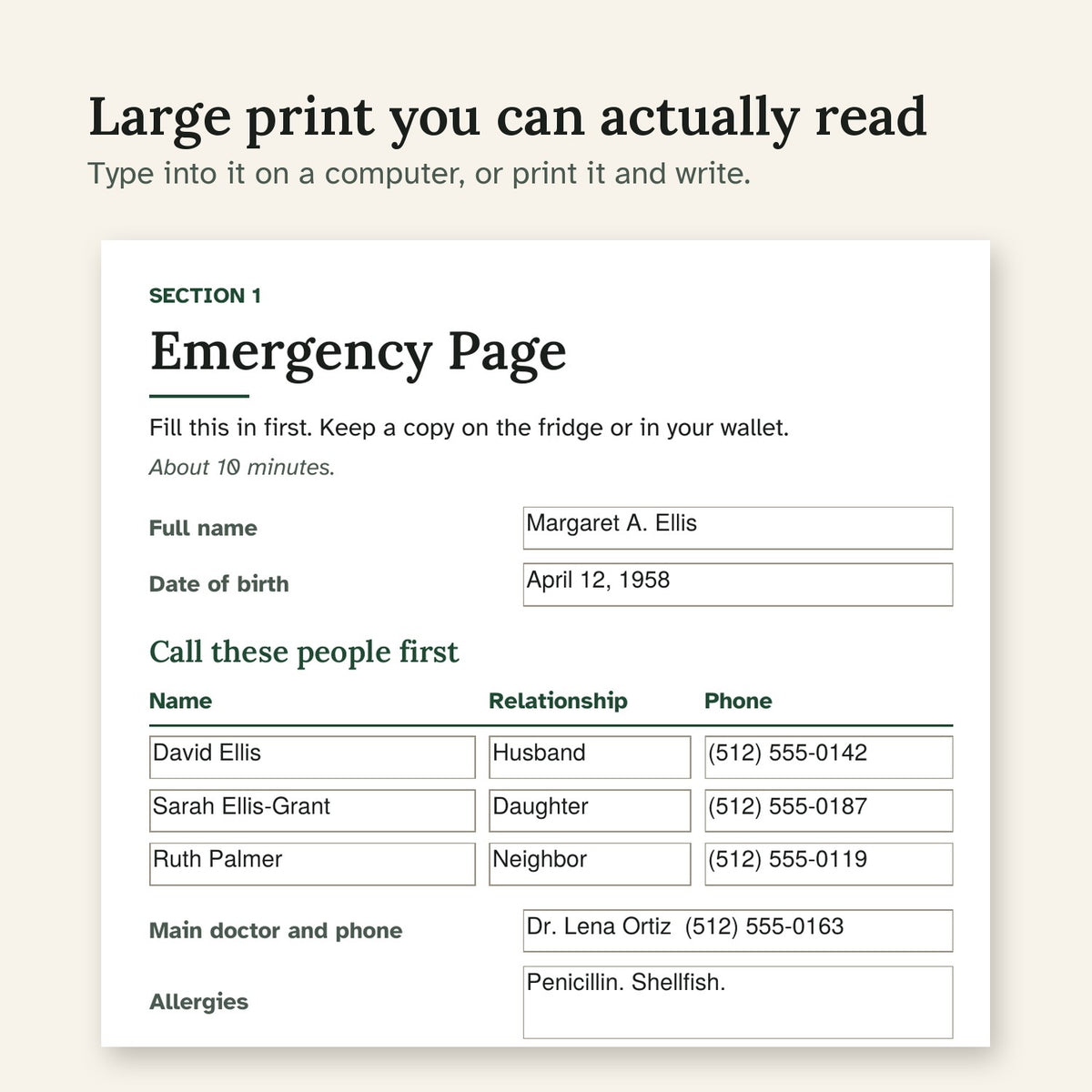 Close-up of the large-print Emergency Page filled in with sample details