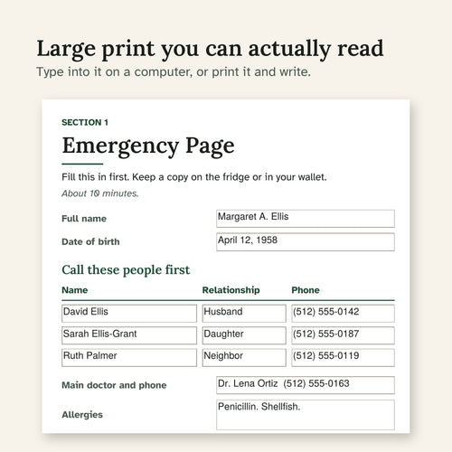 Close-up of the large-print Emergency Page filled in with sample details
