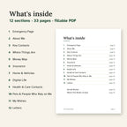 List of the 12 sections next to the binder's contents page