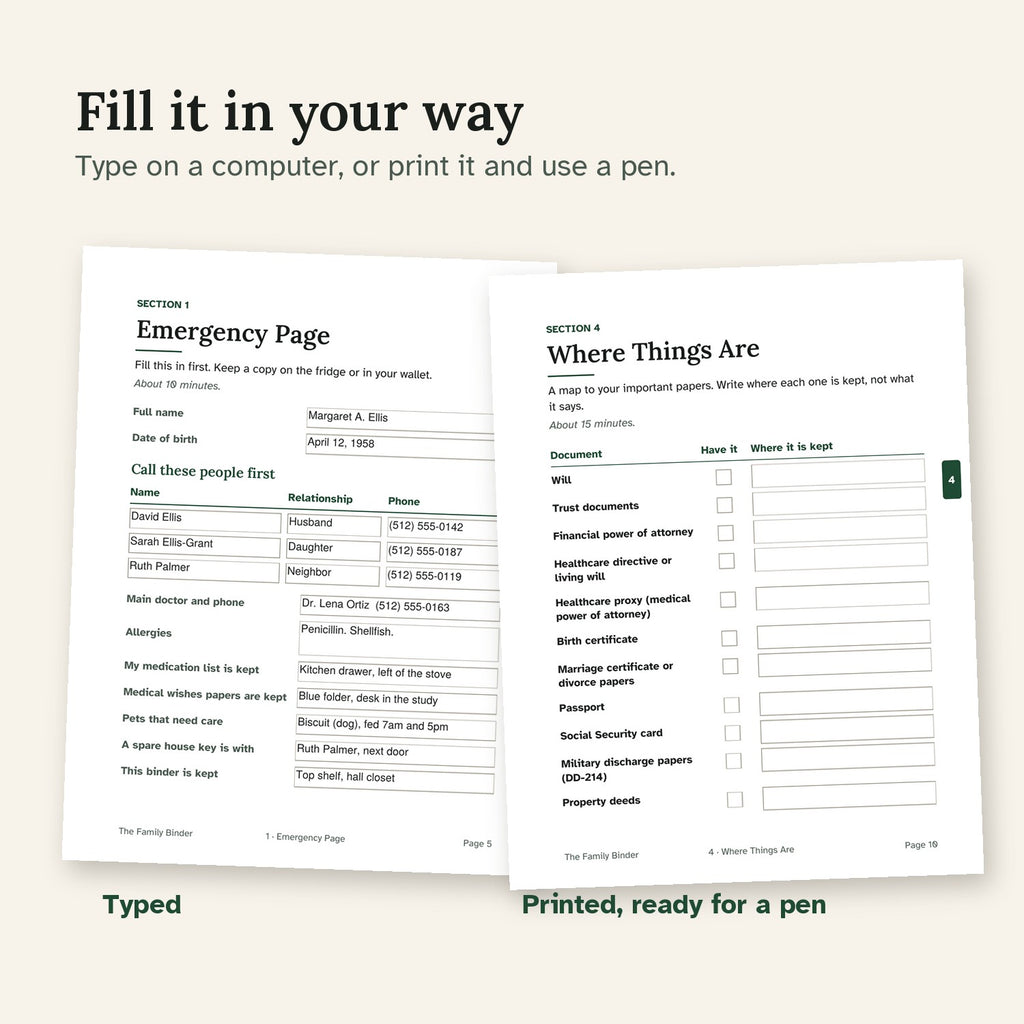 A typed Emergency Page beside a blank printed Where Things Are page