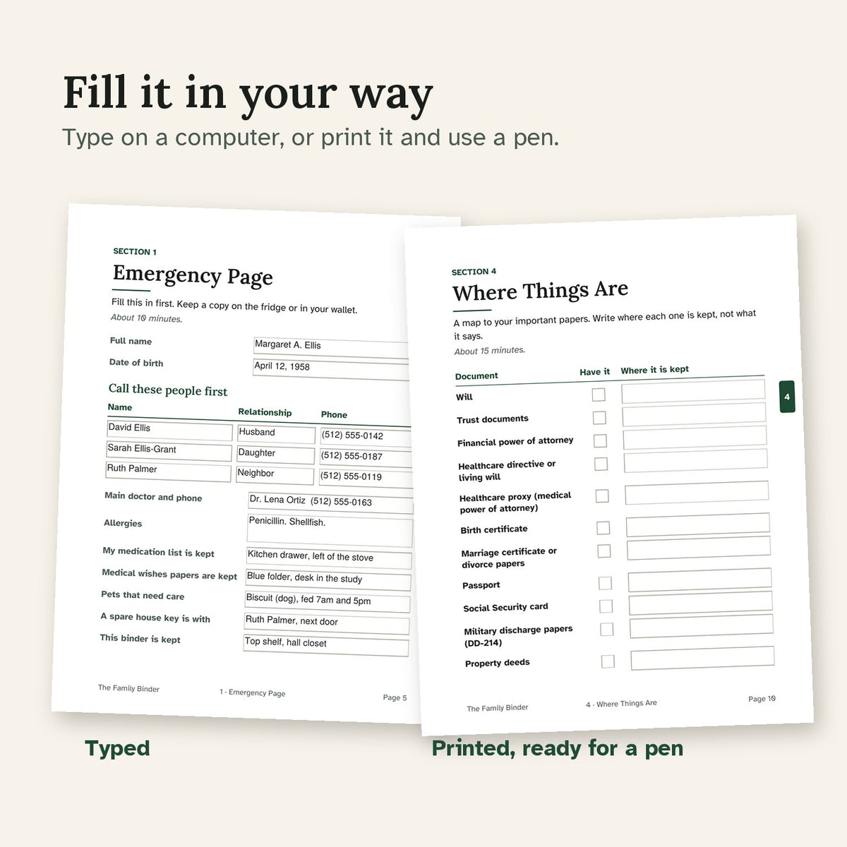 A typed Emergency Page beside a blank printed Where Things Are page